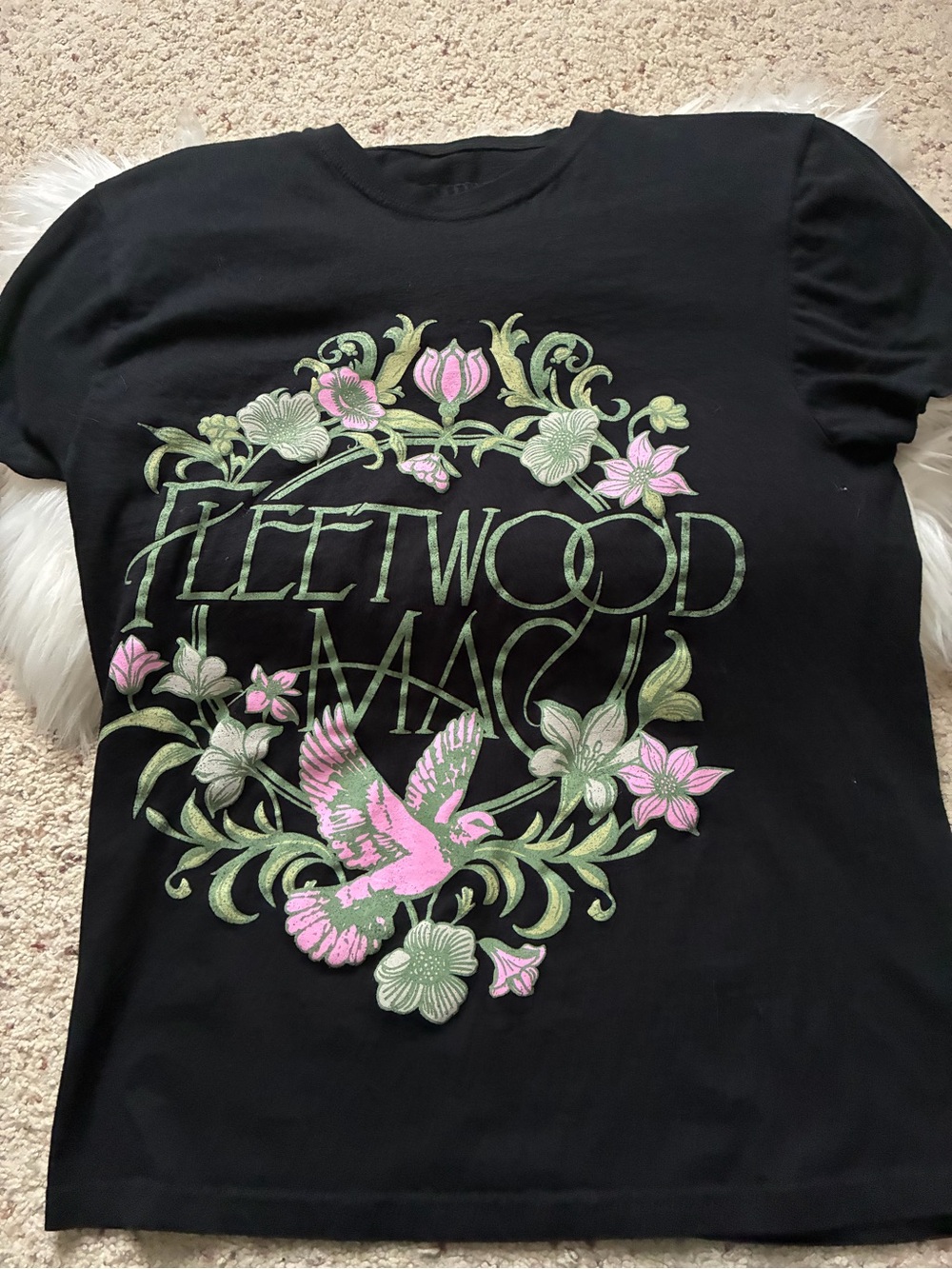 Fleetwood Mac Black Graphic Tee with Pink & Green Floral Design